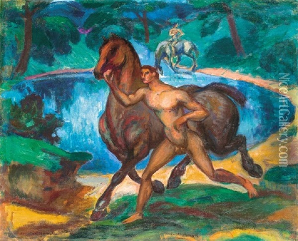 Boy Leading A Horse (horsemen) Oil Painting - Karoly Kernstok