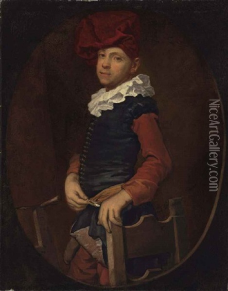 Portrait Of An Artist, Half-length, In A Black Vest And Ruff With A Red Turban, Before An Easle, In A Feigned Oval Oil Painting - Vittore Giuseppe Ghislandi (Fra' Galgario)