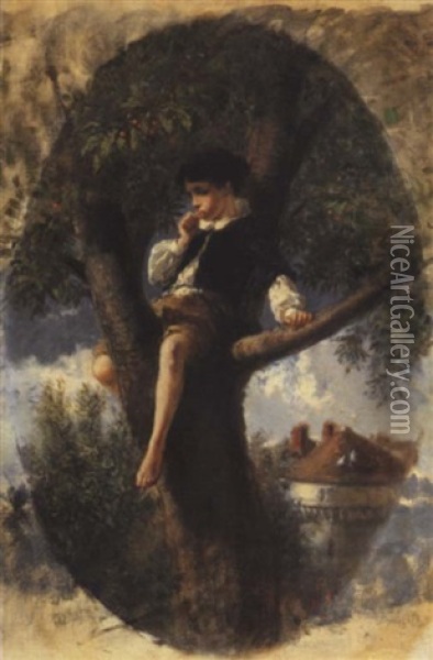 Jeune Garcon Perche Sun Un Arbre, Mangeant Des Cerises Oil Painting - Charles Edouard de Beaumont