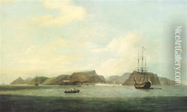 An English Frigate At Anchor Off The Island Of St. Helena, With A View Of Jamestown Beyond Oil Painting - Thomas Luny
