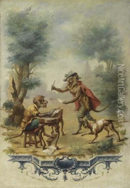 Monkeys Playing Music. Oil Painting - Jean-Baptiste Huet I