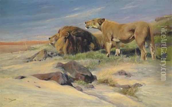 Lion And Lioness Oil Painting - Wilhelm Friedrich Kuhnert
