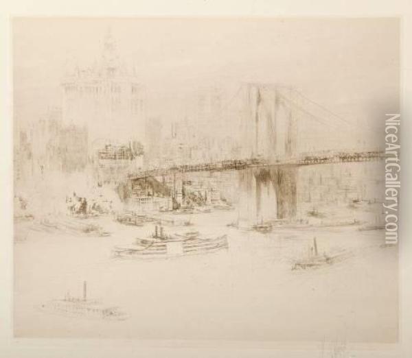 View Of New York From Brooklyn Bridge Oil Painting - William Walcot