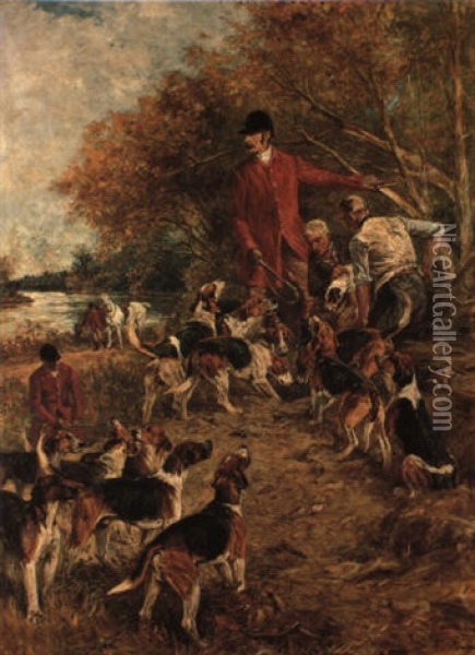 Huntsman And Hunt Staff At Earth With Hounds And A Terrier Oil Painting - John Emms