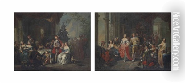 Elegant Company Dancing And Music Making In An Interior (+ Elegant Company Feasting In A Terrace; Pair) Oil Painting - Franz Christoph Janneck