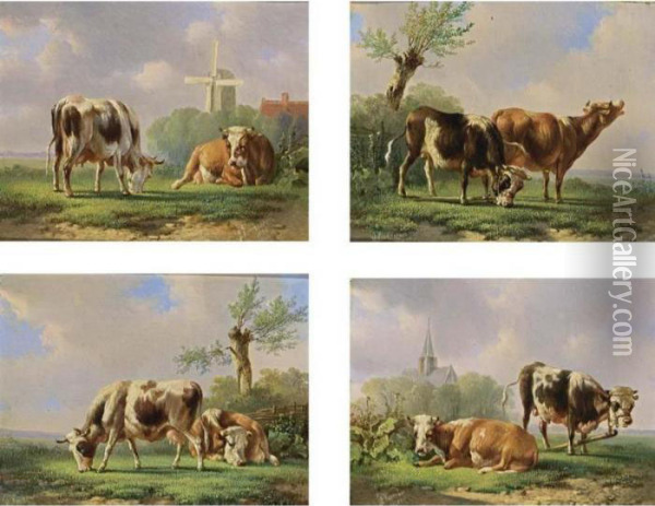Four Paintings Of Grazing Cows Set In One Frame Oil Painting - Albertus Verhoesen