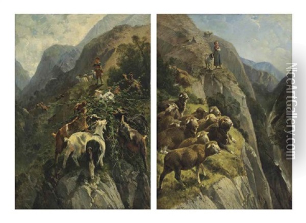 A Shepherdess With Her Flock In The Mountains (+ A Shepherd With His Goats In The Mountains; Pair) Oil Painting - Giuseppe Palizzi