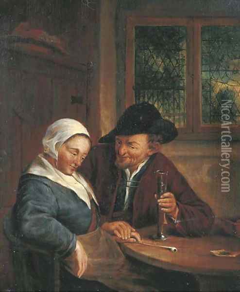A man courting a woman in an interior Oil Painting - Adriaen Jansz. Van Ostade