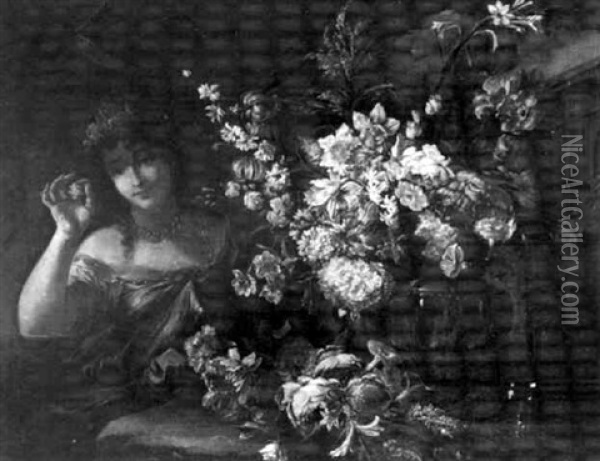 Jeune Femme Pres D'une Coupe De Fleurs Dans Un Jardin Oil Painting - Abraham Brueghel