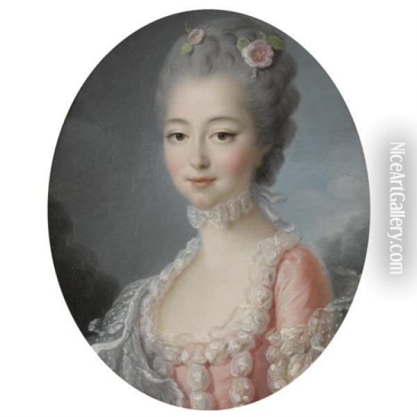 Portrait Of A Lady, Half-length, Wearing A Pink Dress With A Lace Trim Oil Painting - Francois Hubert Drouais