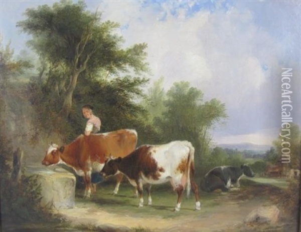 A Rustic Scene With A Milkmaid And Cattle Oil Painting - William Shayer the Elder