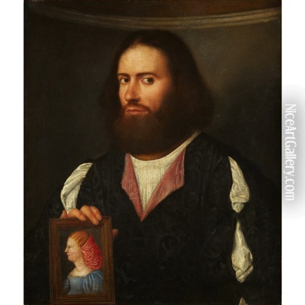 Portrait Of A Gentleman, Half-length, Holding A Portrait Of A Lady Oil Painting - Giovanni Cariani