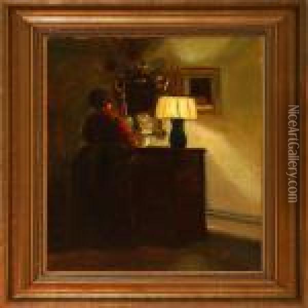 Interior With A Woman Oil Painting - Poul Friis Nybo