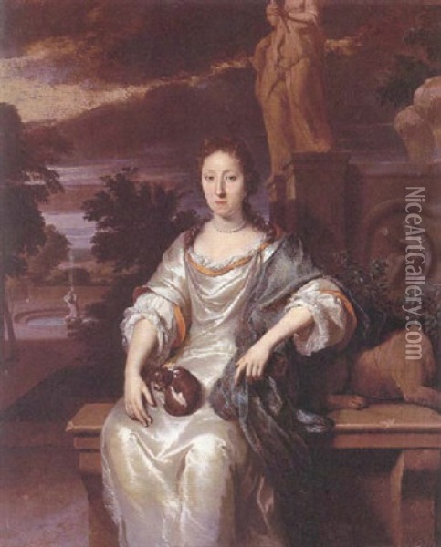 Portrait Of A Lady In A White Dress With A Lap Dog, Sitting In A Landscape Oil Painting - Gerard Hoet the Elder