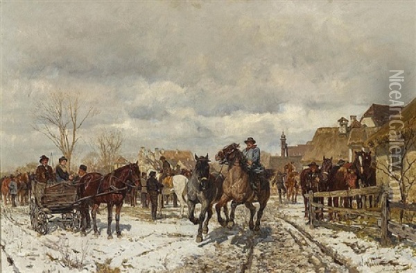 Horsemarket In Winter Oil Painting - Wilhelm Velten