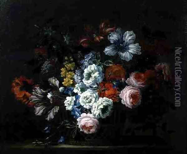 Still Life of Roses, Peonies, Tulips and Morning Glory in a Basket Oil Painting - Pieter Casteels