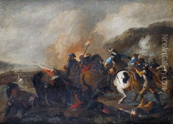 A Battle Scene With An Infantryman Lying On The Battlefield (+ A Cavalry Skirmish With A Dismounted Officer; Pair) Oil Painting - Francesco Monti