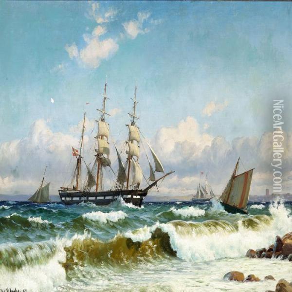 Bark And Pilot Boat Off The Coast In Stormy Weather Oil Painting - Christian Vigilius Blache