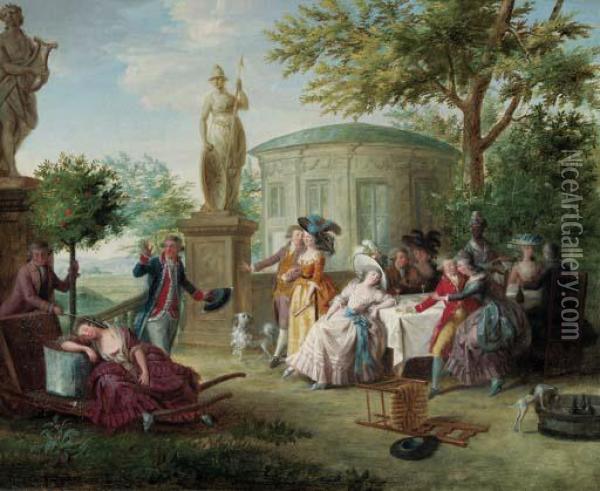 Elegant Company Dining In An Ornamental Garden, A Rotunda And Alandscape Beyond Oil Painting - Niclas II Lafrensen