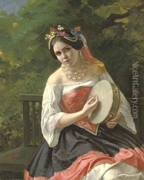 Portrait of a young lady in costume playing a tambourine Oil Painting - Kapiton Fedorovich Turchaninov
