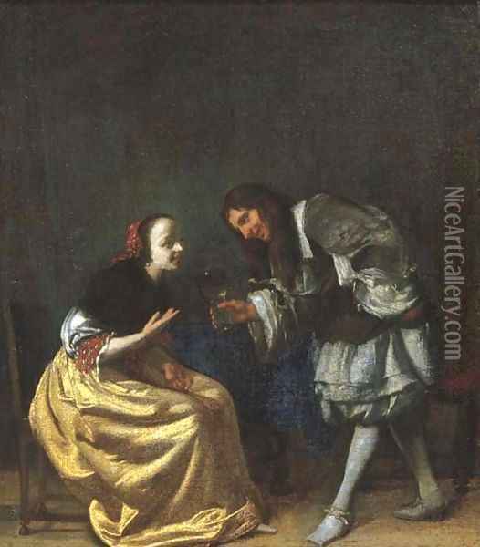 An officer offering a glass of wine to a lady seated by a table in an interior Oil Painting - Jacob Ochtervelt