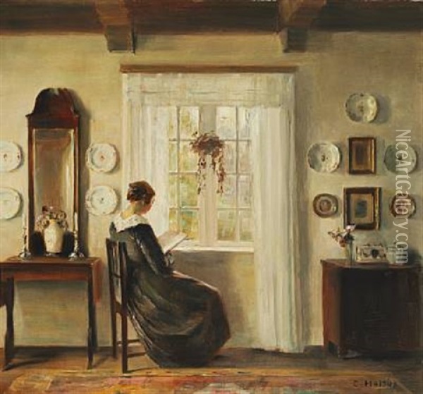 Interior With The Painter's Wife Reading At The Window Oil Painting - Carl Vilhelm Holsoe