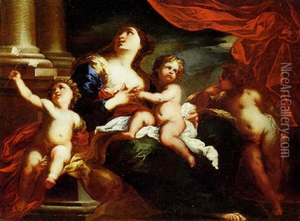 Giovane Donna Con Tre Bambini (allegoria Della Carita) Oil Painting - Valerio Castello