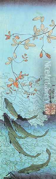 Ayus Swimming Upstream with Hagi Branch 1830-44 Oil Painting - Utagawa Kuniyoshi