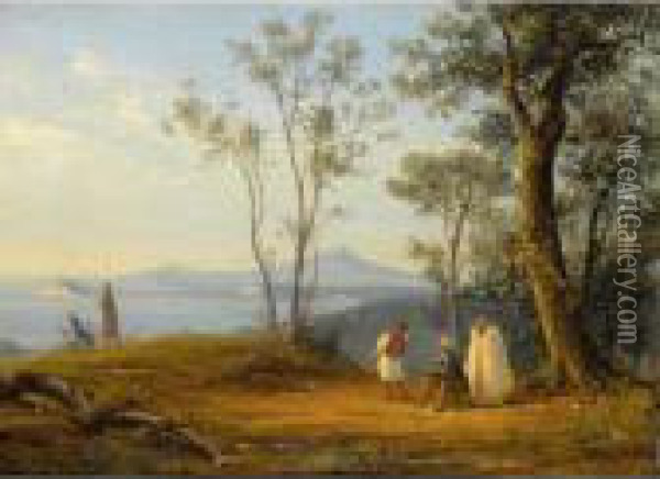 A Painter At Work In An Italianate Coastal Landscape Oil Painting - Anthonie Sminck Pitloo