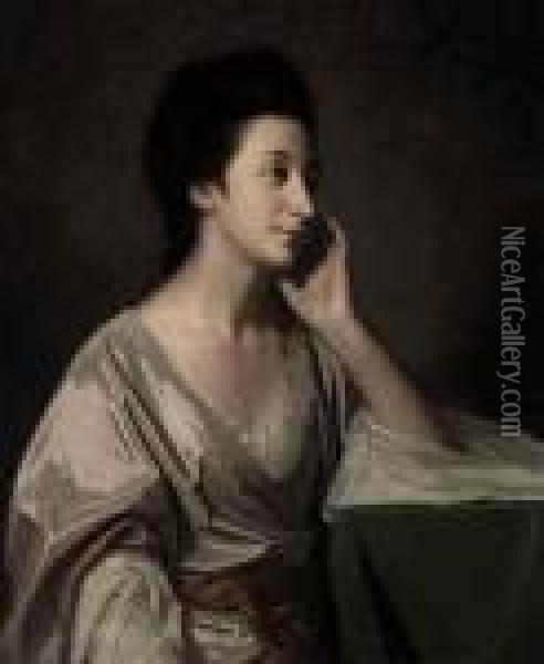 Portrait Of Mrs John Gathorne, 
Half-length, In A Silver Gown, Herleft Elbow Resting On A Table Oil Painting - George Romney