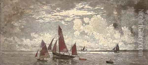 Red sailing boats at sea Oil Painting - Amedee Marcel-Clement