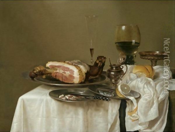 A Still Life With A Roemer, A Silver Tazza, A Fluted Wine-Glass, A Mustard Jar, A Ham And A Partly Peeled Lemon On Pewter Dishes Oil Painting - Willem Claesz. Heda