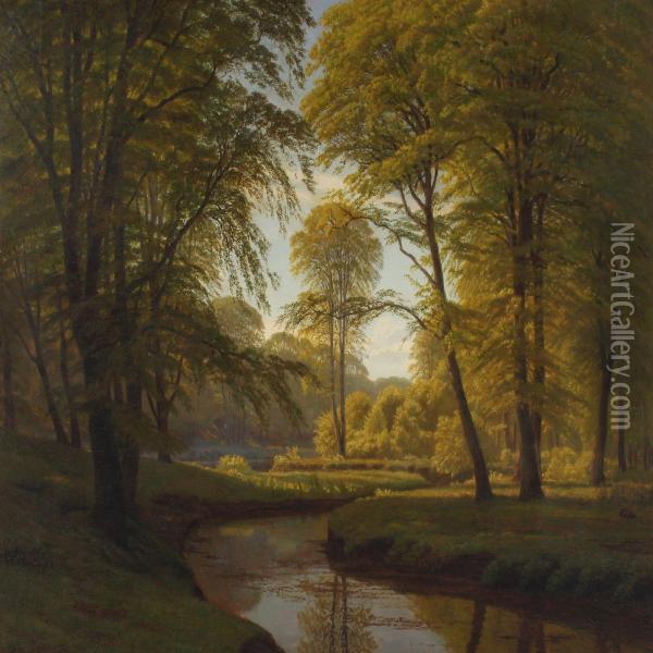 Forrest Scenery With Small Stream Oil Painting - Gotfred Rump