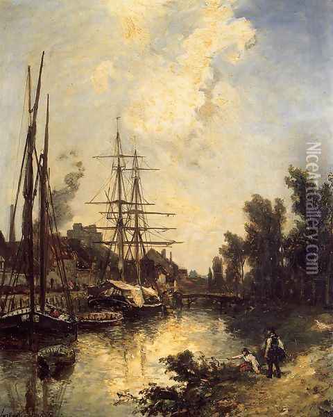 Boats Dockside Oil Painting - Johan Barthold Jongkind