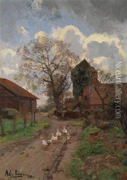 Geese In Single File Oil Painting - Adolf Lins