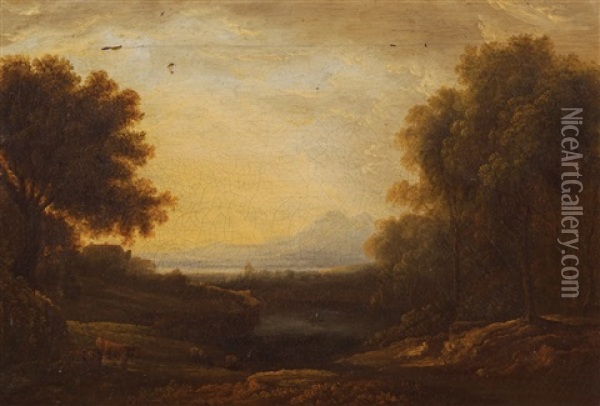 Italianate Riverscape With Figures In A Boat And Cows In The Foreground Oil Painting - Thomas Barker
