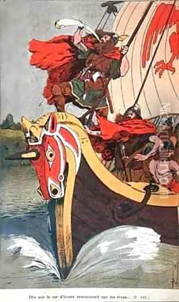 Viking blowing the horn on a longship as it approaches the norse coast Oil Painting - Louis Bombled