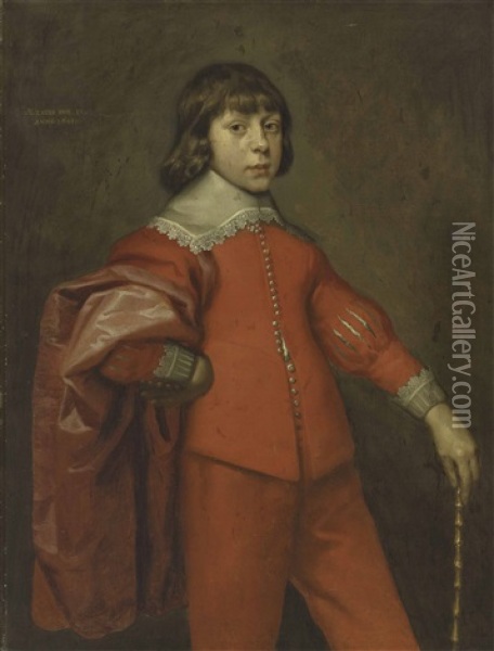 Portrait Of A Boy, Traditionally Identified As Charles, Prince Of Wales, Later King Charles Ii, Three-quarter-length, In Red Oil Painting - Anthony Van Dyck