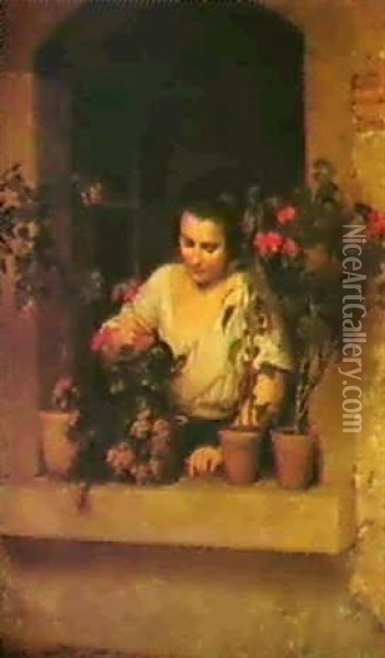 Madchen Am Blumenfenster Oil Painting - Oskar Begas