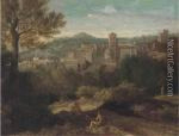 A Landscape With Figures At Rest On A Track, A Town Beyond Oil Painting - Gaspard Dughet Poussin