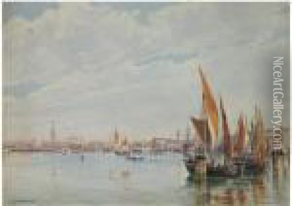 Boats On The Lagoon With The Doge's Palace In The Distance Oil Painting - Antonietta Brandeis
