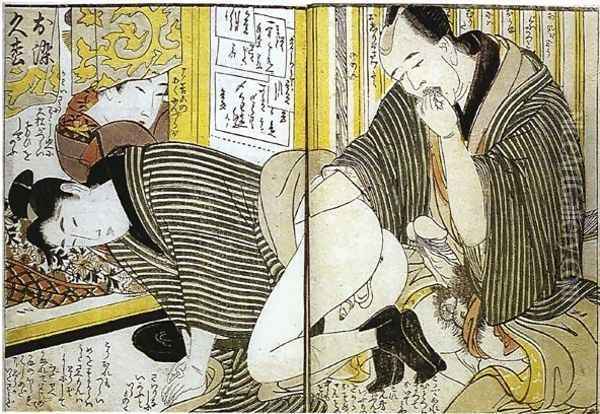 Client Lubricating a Prostitute Oil Painting - Kitagawa Utamaro