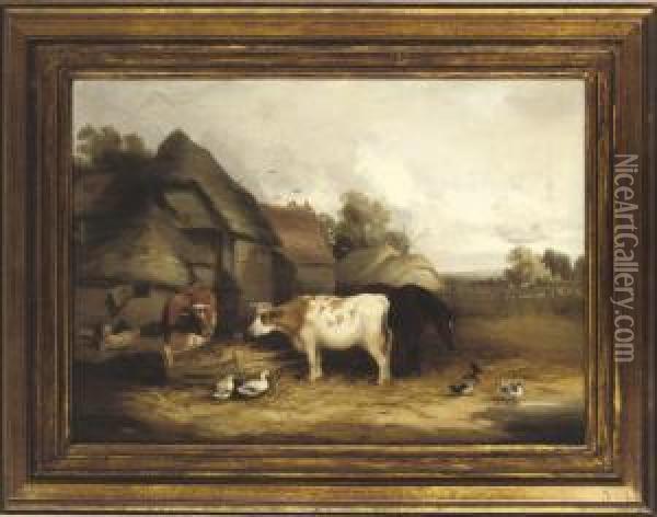 Animals At A Trough In A Farmyard Oil Painting - Henry Charles Bryant