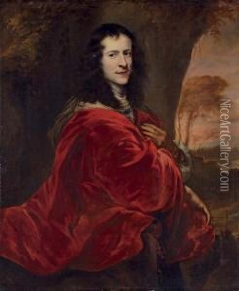 Portrait Of A Gentleman, Three-quarter-length, In A Red Cloak, Before A Landscape Oil Painting - Jurgen Ovens