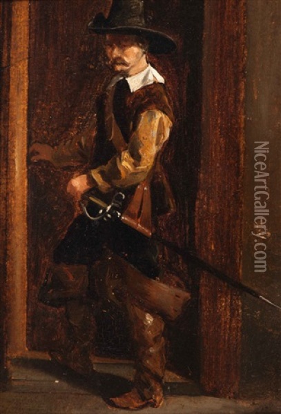 Man In 17th Century Costume By A Chair (+ Another; 2 Works) Oil Painting - Jacob Henricus Maris