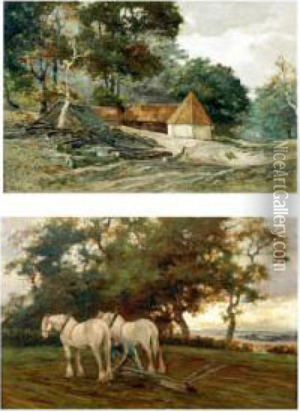 Clydesdale Horses Ploughing And Timber Before Farm Buildings Oil Painting - John Hamilton Glass