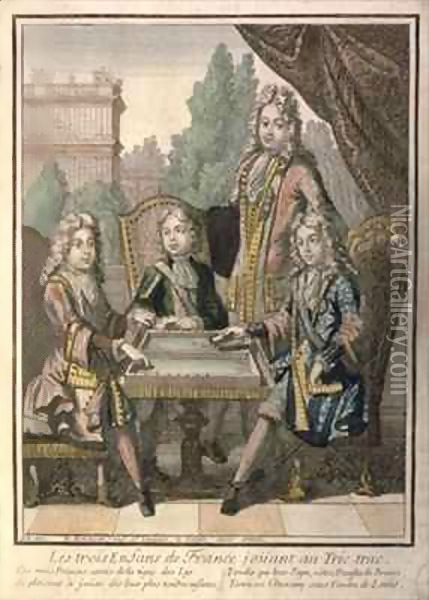The Grandchildren of Louis XIV (1638-1715) of France Playing Backgammon, Louis the Duke of Burgundy (d.1712) Philip, Duke of Anjou (1683-1746) and Charles, Duke of Berry, with their father, Louis, Dauphin of France (d.1711) Oil Painting - Nicolas Bonnart