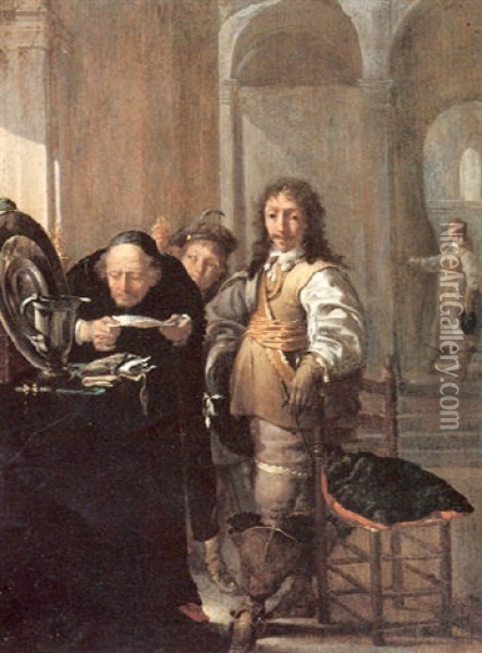An Old Man Reading A Document By A Table With Riches, A Cav-alier And A Young Boy Holding A Coin, In An Interior Oil Painting - Jacob Duck