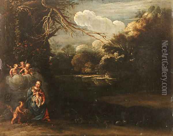 The Virgin and Child with adoring Angels in a river Landscape Oil Painting - Adam Elsheimer