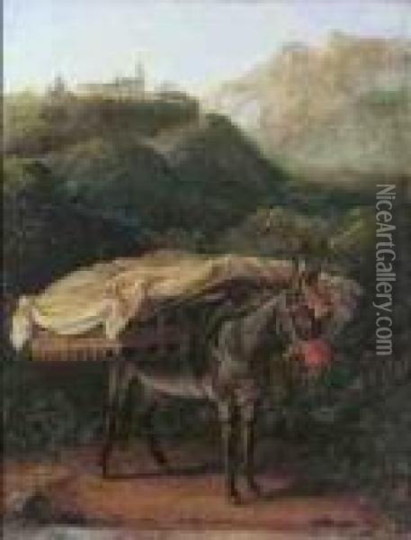 Bepackter Esel In Bergiger Landschaft Oil Painting - Jacob Philipp Hackert